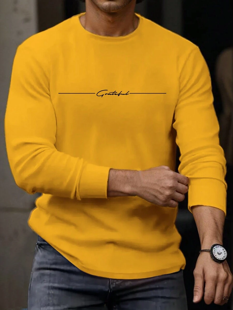 Manfinity Homme Men Round Neck Long Sleeve Letter Print Casual Tops Tee