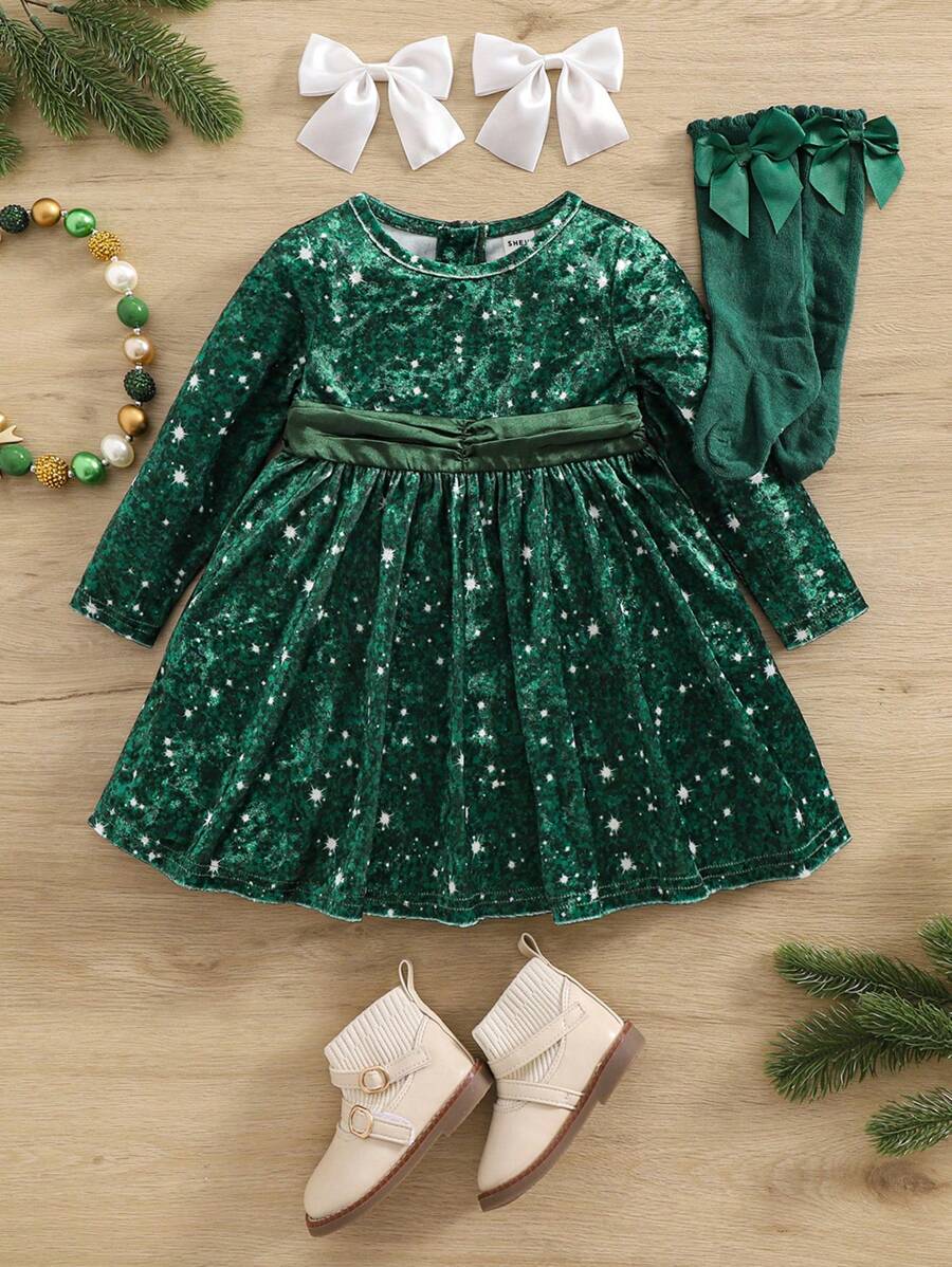 SHEIN Baby Girl Cute Green Velvet Sequin Pattern Long Sleeve Christmas Dress, Autumn/Winter