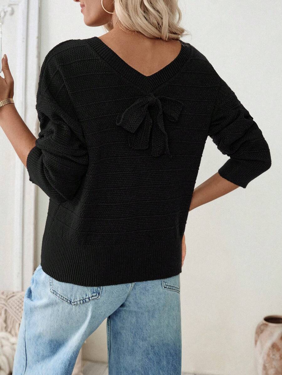 Calvaya Women Casual Everyday Bowknot Embellished Drop Shoulder Sweater, Autumn/Winter