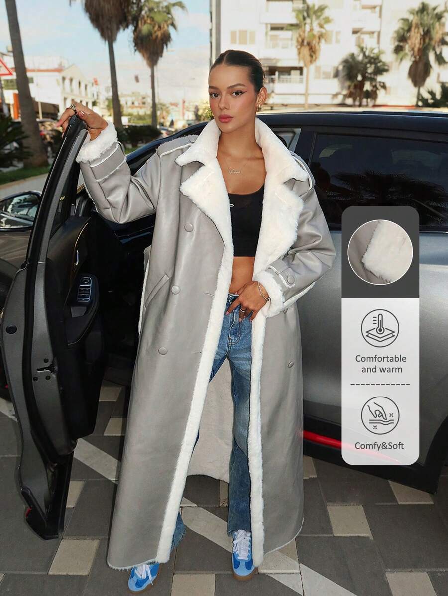 SHEIN BAE 女士毛皮拼接前扣长袖口袋休闲夹克 灰色冬季加厚毛皮拼接皮革撞色蓬松中长外套 保暖内衬仿皮大衣 镂空服装 感恩节女装 万圣节女装 女装 长款女装 圣诞女装 秋季女装