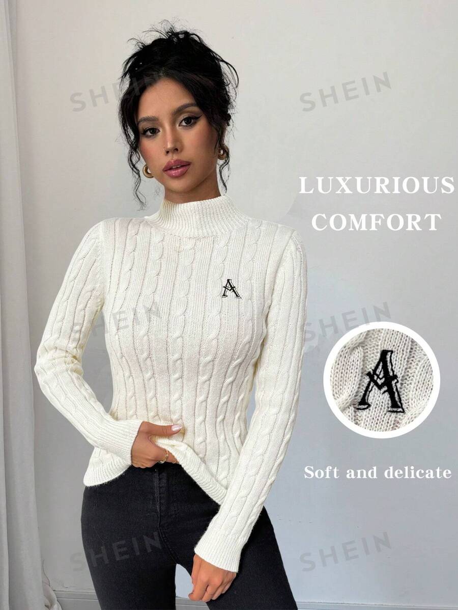 Calvaya Jersey de cuello redondo de unicolor con detalle de trenzado, top elegante con detalle de bordado, otoño/invierno