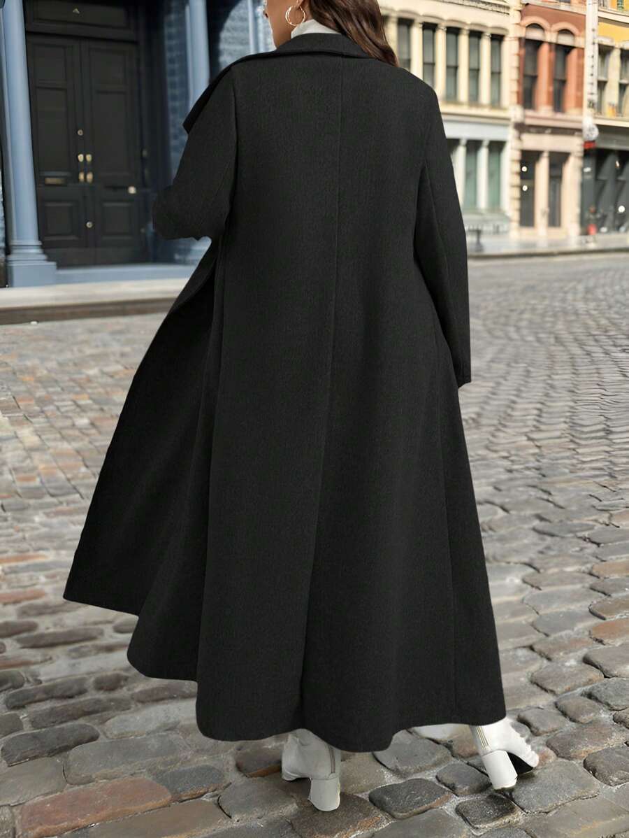 SHEIN Privé Plus Size Women Casual Solid Color Lapel Double-Breasted Mid-Length Coat, Autumn/Winter