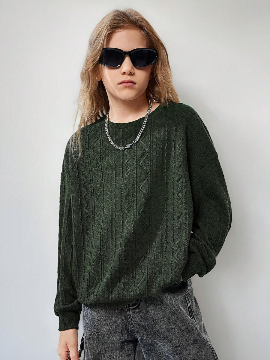 SHEIN Sudadera informal con capucha de manga larga y cuello redondo de color verde para niña preadolescente