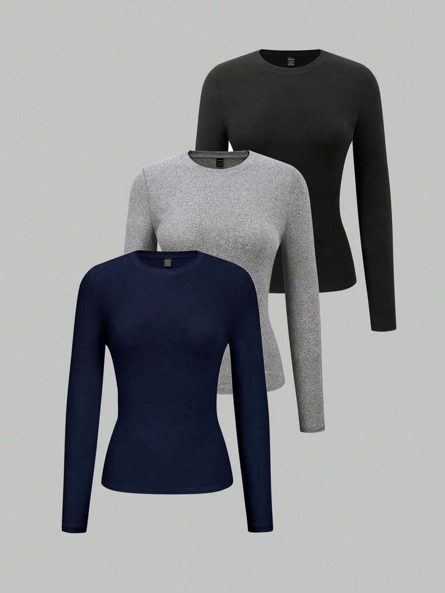 Flirla Women's Fashionable Solid Color Slim Fit Long Sleeve T-Shirt, Versatile For Autumn