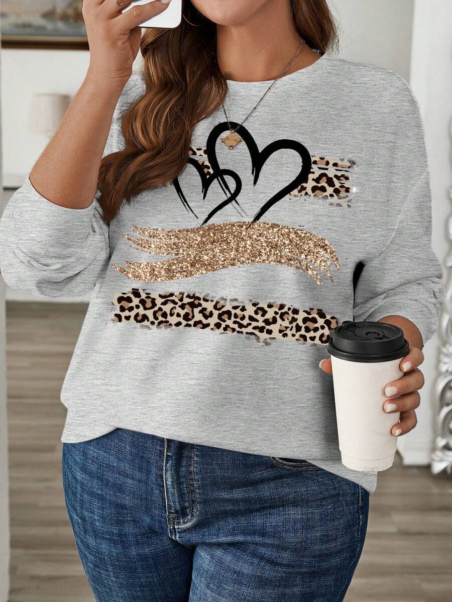 SHEIN LUNE Plus Size Women Casual Heart Leopard Print Long Sleeve Round Neck Loose Sweatshirt Pullover, Autumn/Winter
