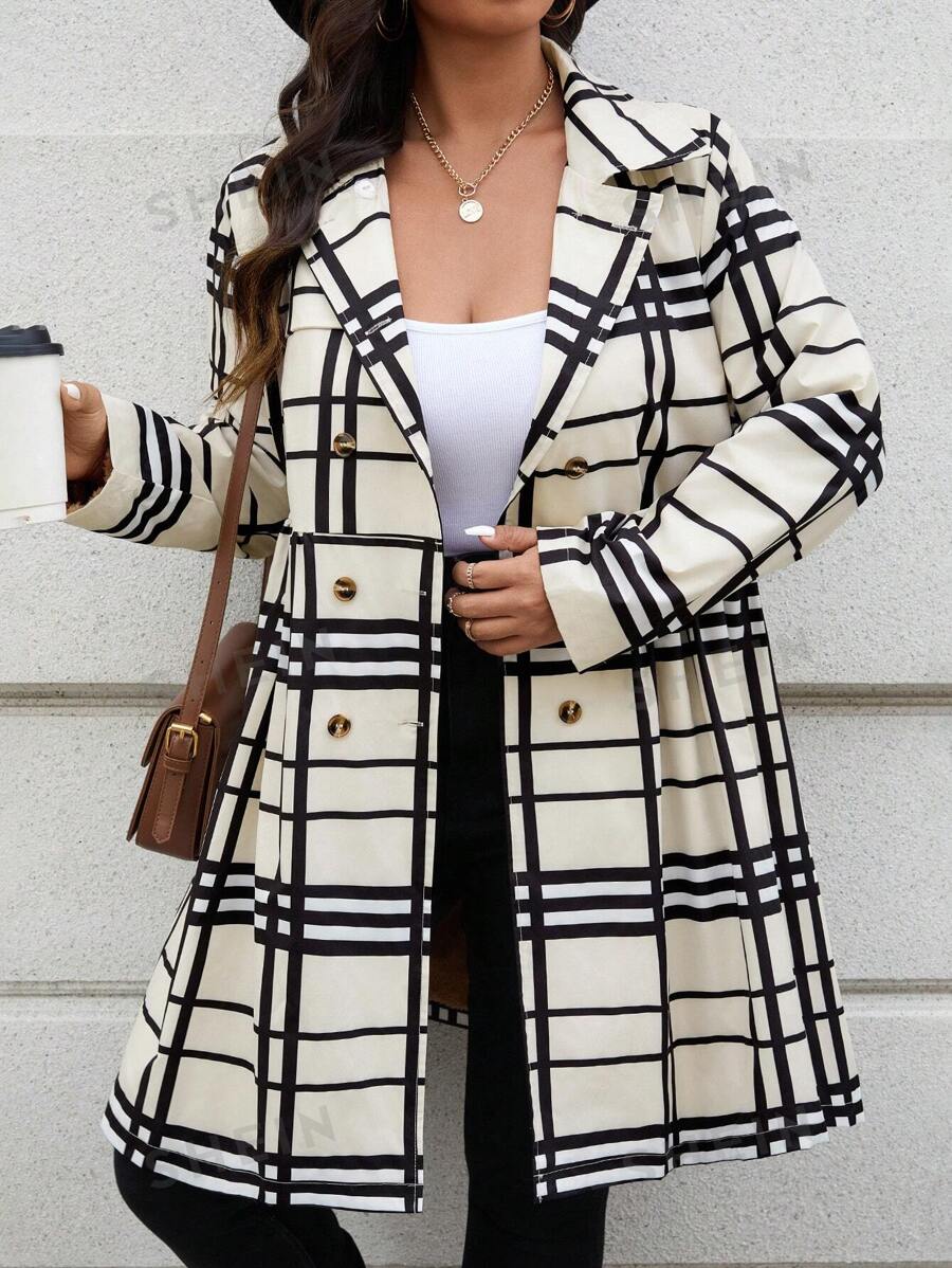 SHEIN LUNE Abrigo casual a cuadros cruzado de doble botonadura talla grande para otoño, traje de Acción de Gracias, ropa de invierno para mujer, abrigo de invierno, traje de fiesta, térmico