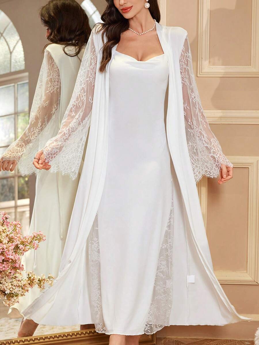 2pcs Set: Sexy High Slit Dress + Elegant Robe For Women, Autumn/Winter Sleepwear, Vacation