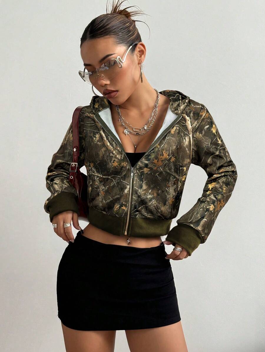 StreetHx Women's Casual All-Over Print Zip-Up Cropped Hooded Sweatshirt, Thermal Lined, Autumn/Winter,Long Sleeve Tops Graduation,Back To School Outfits,Graduation,Teacher Outfits For Women,Back To School