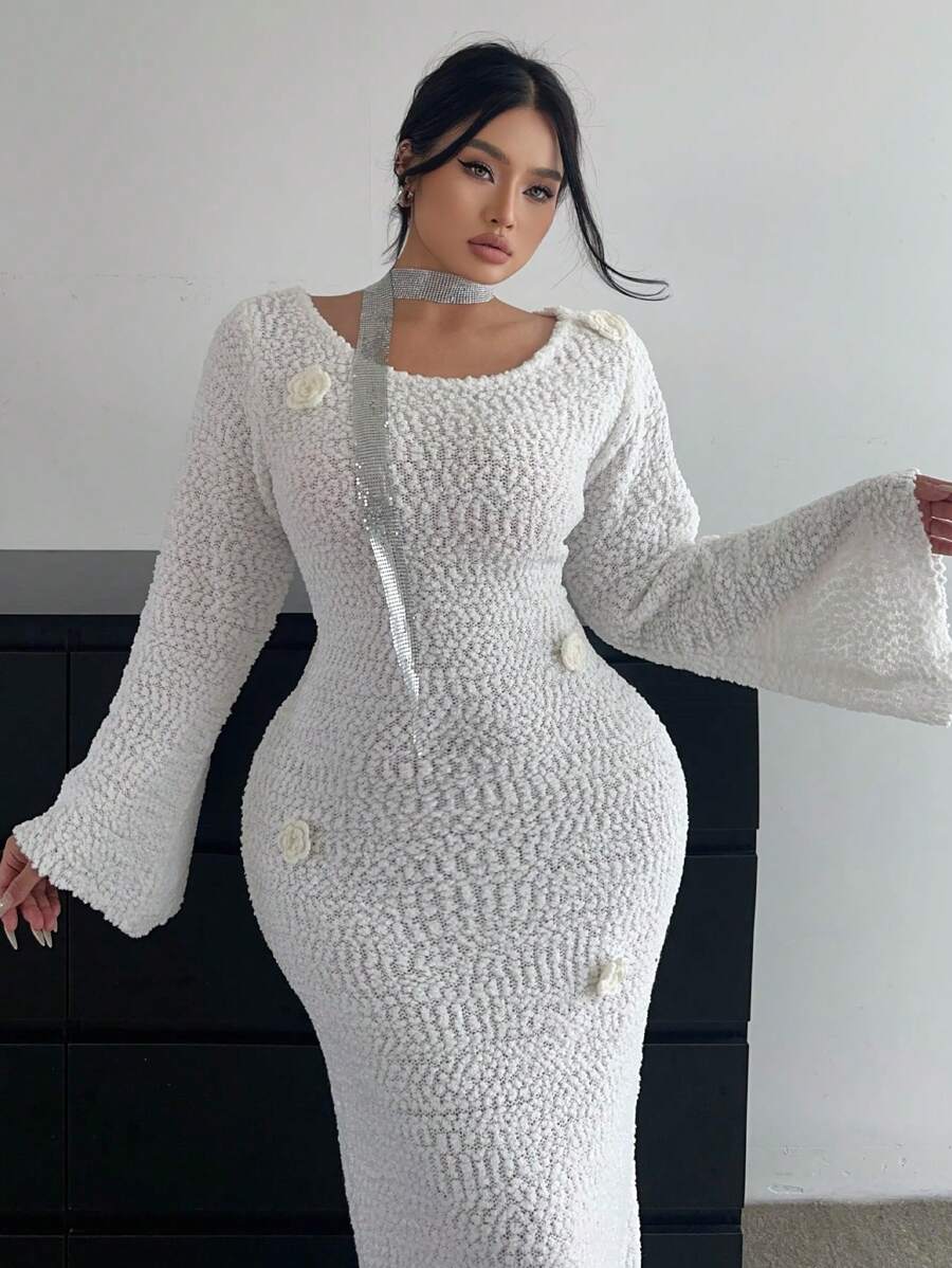 Celure Plus Size Textured Knit Crew Neck Crochet Elegant Long Dress, Autumn/Winter