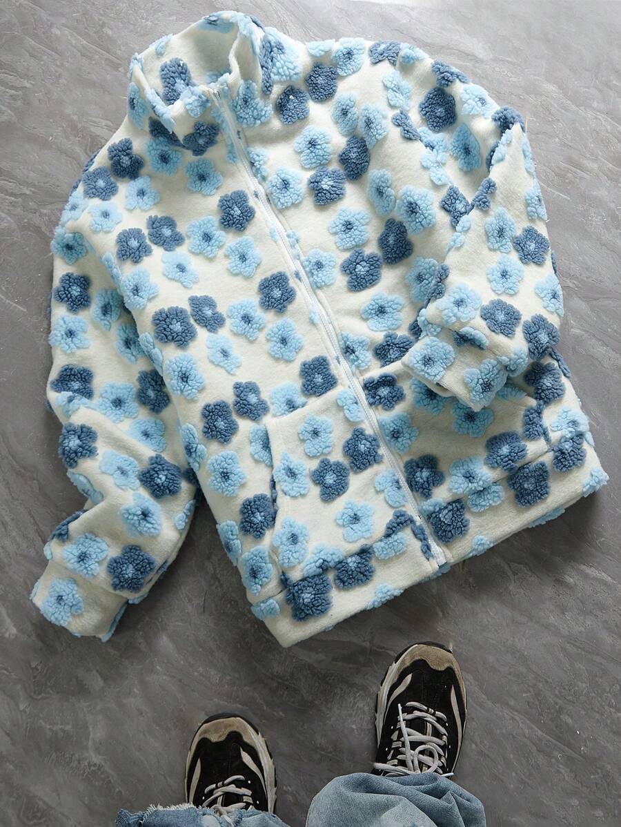 Manfinity Homme Veste zippée décontractée à col montant avec motif floral floqué pour homme, automne