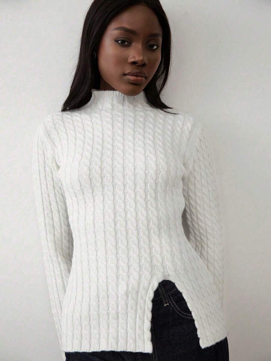Flirla 1pc Women Stand Collar Textured Split Hem Fitted Long Sleeve Knit Sweater, Casual Autumn/Winter