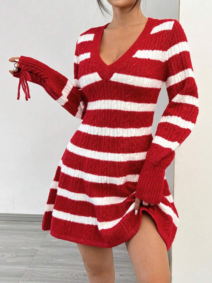 SHEIN EZwear Women Casual Daily Wear Color Block Striped Cable Knit Sweater Dress, Autumn/Winter