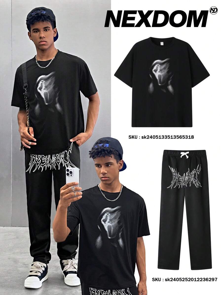 SHEIN 1pc Teen Boys' Casual Street Style Cool Printed Black Knitted Short Sleeve T-Shirt, Suitable For Summer Outings