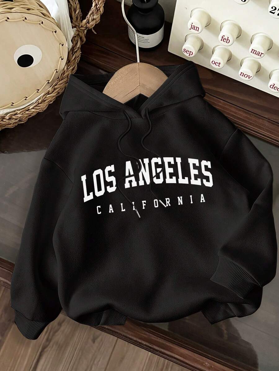 Attitoon Pull à capuche ample à manches longues, imprimé "LIS ANGELES" en anglais, style minimaliste décontracté pour femmes