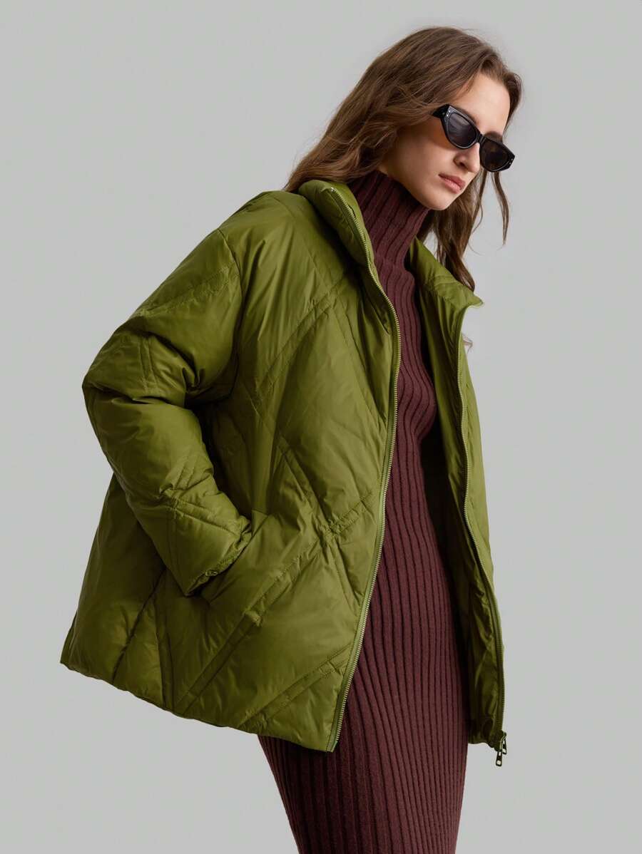 Ontre Olive Green Quilted Loose Casual Christmas Fashionable Padded Jacket, Winter