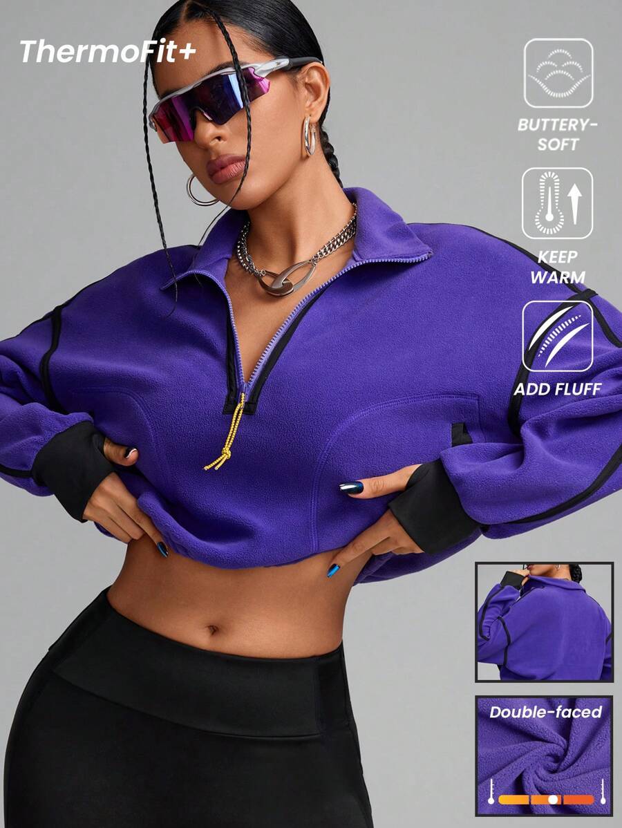 Innovista Sweatshirt de sport ample en polaire pourpre, survêtement, course, sweatshirt court avec boucles à fermeture éclair de couleurs contrastées, tenues de sport de gym quotidiennes, hoodies pour femmes, tenues d'automne pour femmes, sweatshirts d'automne, camping, extérieur, tenue d'automne et d'hiver pour femmes, maillot, vêtements pour temps froid