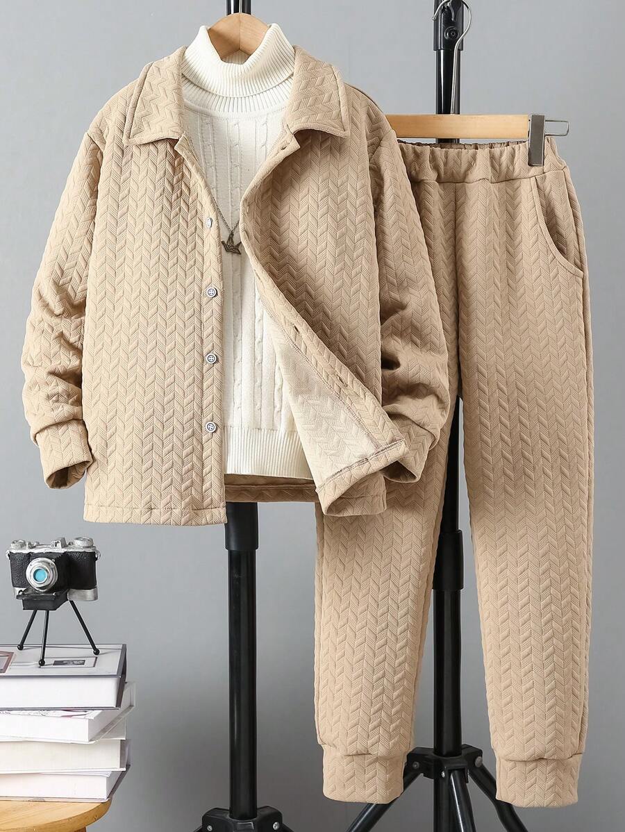 2 stuks tienerjongens buitensporten golvende streep ronde hals sweatshirt + elastische manchetten sport hardloop- en wandelbroekset, modieus voor herfst/winter