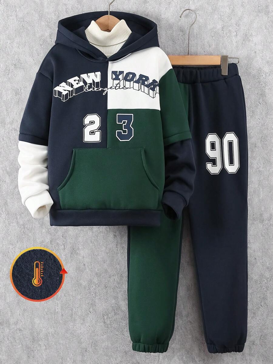 SHEIN 2pcs Boy Teenage Fashion Streetwear Contrast Color Block Print Hooded Sweatshirt & Drawstring Cuff Printed Pants Set, Autumn/Winter