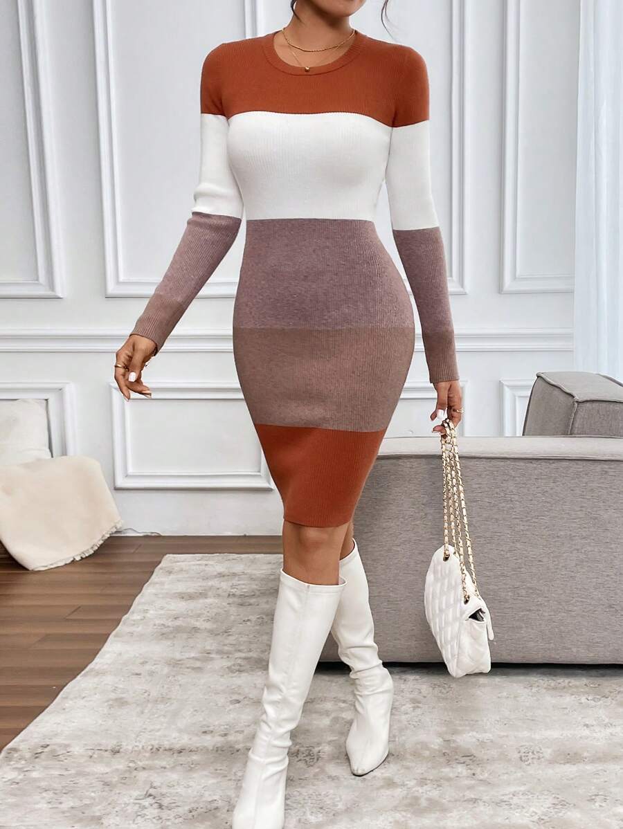 SHEIN Clasi Damska zimowa sukienka dzianinowa Slim Fit S-Curve Color Block w stylu seksownej dzianiny