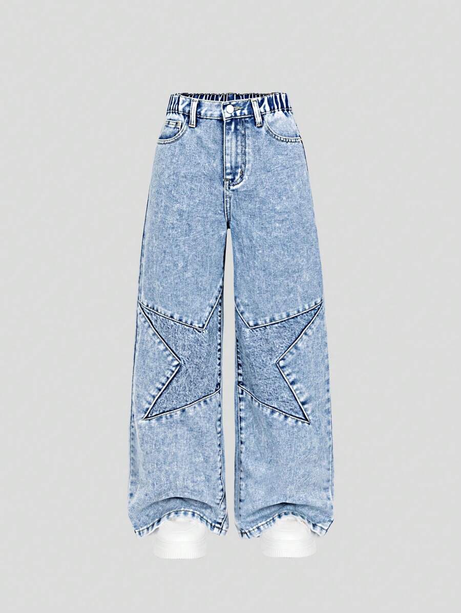 SHEIN Dziewczęce luźne jeansy z rozszerzanymi nogawkami i wzorem gwiazdek, jasne spranie