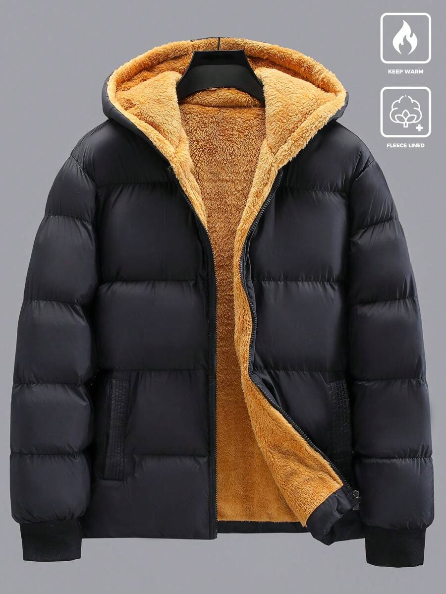 Manfinity Homme Men's Solid Color Zip-Front Hooded Padded Coat With Thermal Lined, Winter Going Out Warm Casual Coat, For Friends, Husband, Boyfriend Gifts