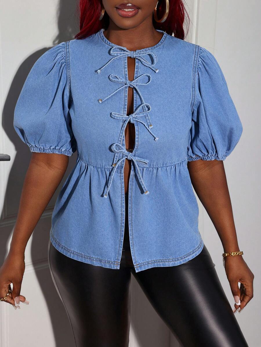 SHEIN SXY Women's Sexy Denim Blouse With Tie-Up Puff Sleeves, Blue,
