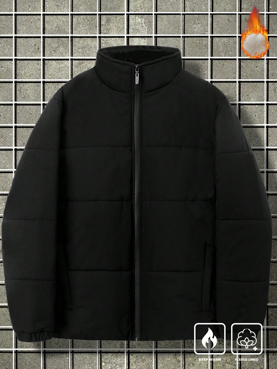 Manfinity Homme Abrigo acolchado casual con cremallera de manga larga y unicolor, talla grande para hombre, invierno