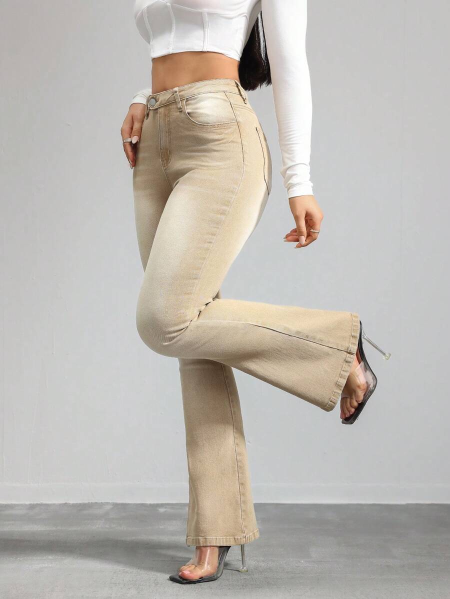 SHEIN Tall Pantalones vaqueros para mujeres ajustados y elásticos con piernas acampanadas, pantalones acampanados color caqui para mujeres altas, pantalones vaqueros de tiro bajo para mujeres, pantalones de invierno acampanados, jeans de tiro alto para mamá.