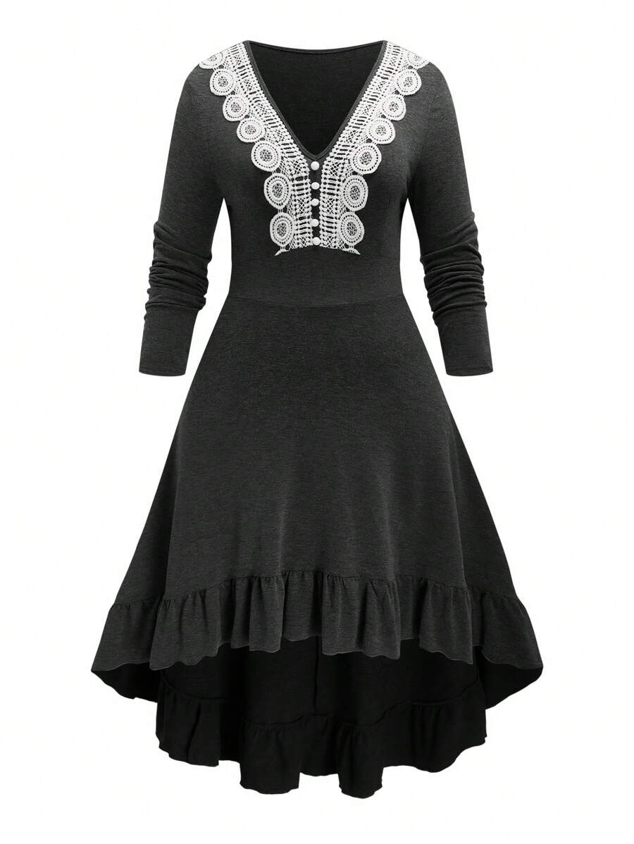 EMERY ROSE Sukienka damska Plus Size z koronką i dekoltem w serek, z długim rękawem i elegancką grafiką