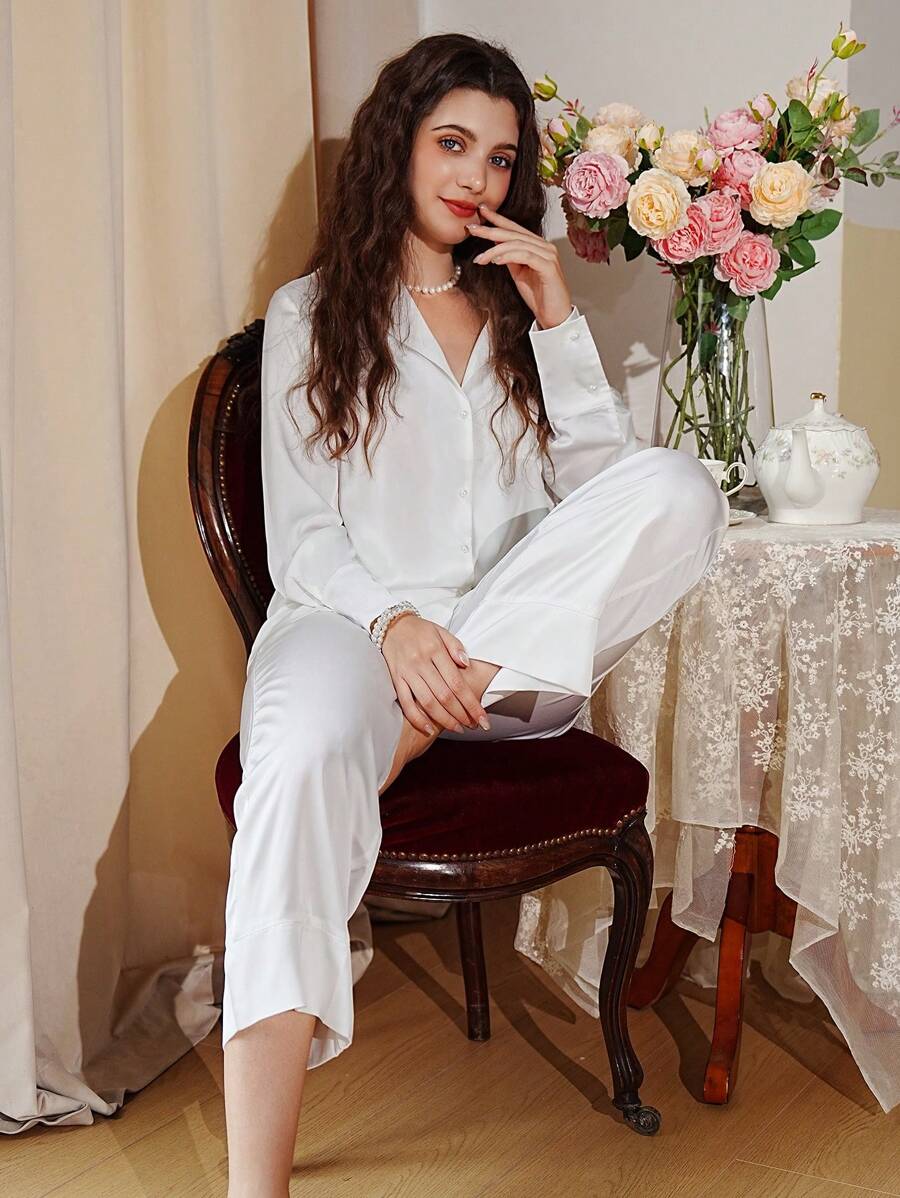 Côtesoire Blouse met zak aan de voorkant en broek PJ-set / pyjamaset Witte set Vakantieseizoen, vakantie