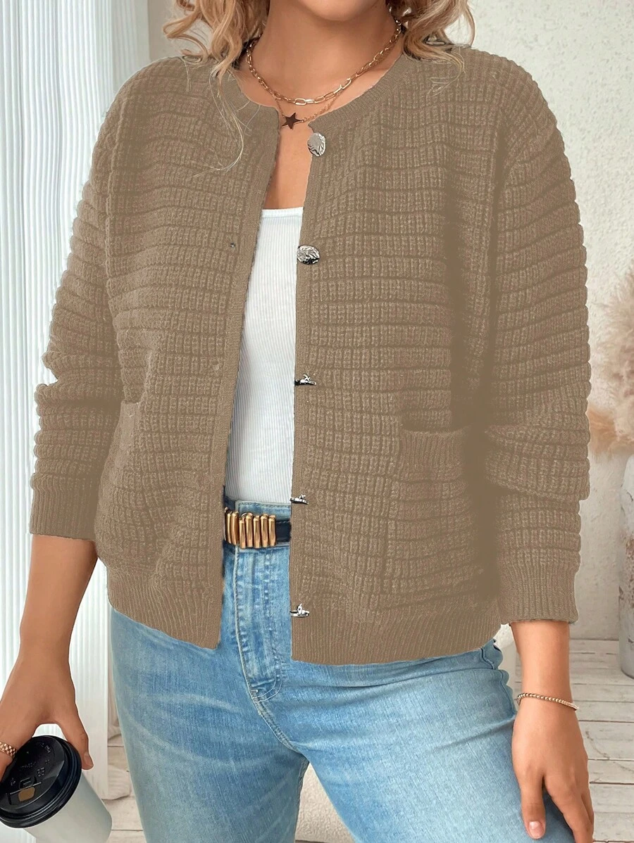Franclia Plus Size Solid Color Button Front Long Sleeve Pocket Simple Casual Sweater
