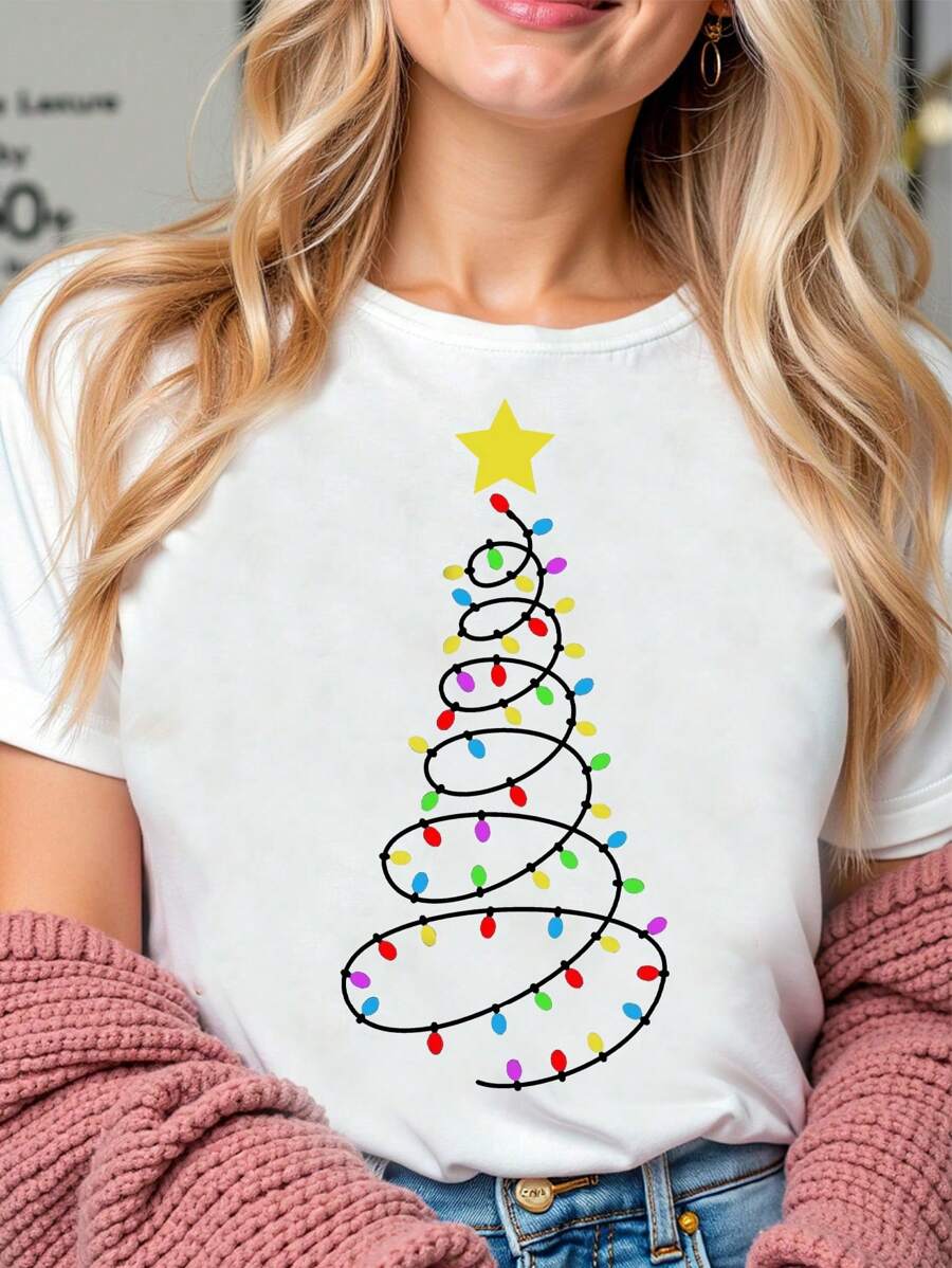Kerstmis Vrouwen Casual Modieus Bedrukt T-shirt Met Kleurrijke Lichtjes Kerstboom Ster Patroon, Basic Tee Grafische Tees Vrouwen Tops