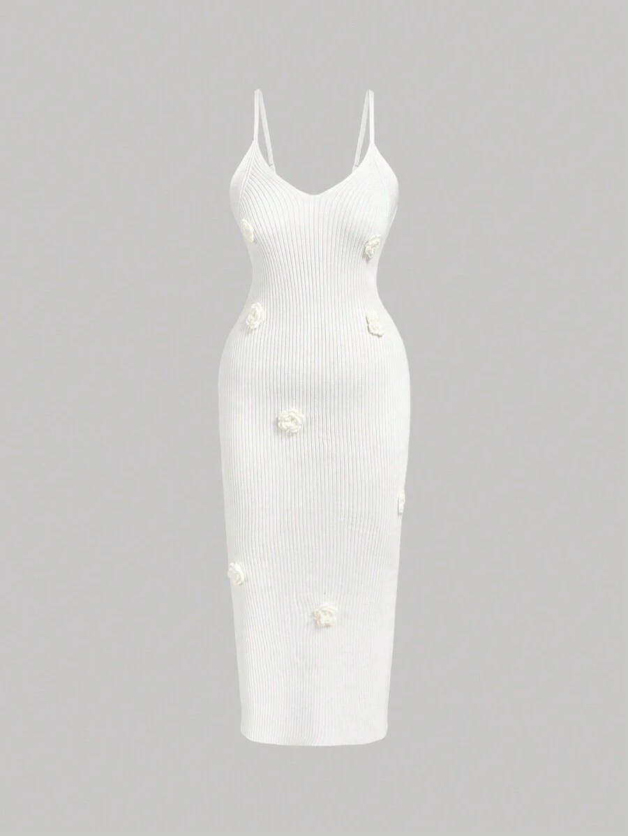 SHEIN MOD Plus Size Apricot Romantic And Cute Knitted 3D Floral Decor Bodycon Dress