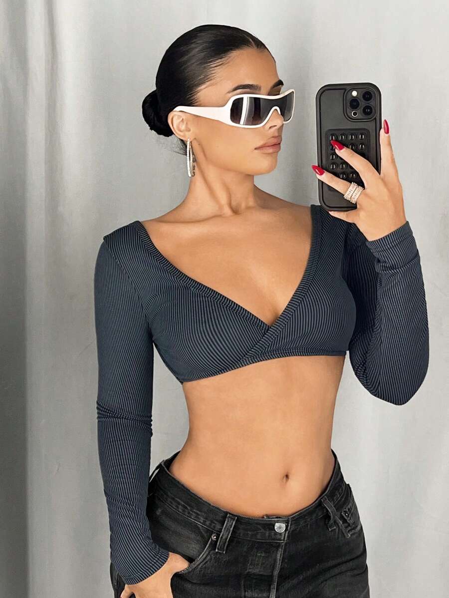 SHEIN ICON Super Crop Top With Deep V Neckline & Breast Detail Fitted Long Sleeve Ladies Blouse