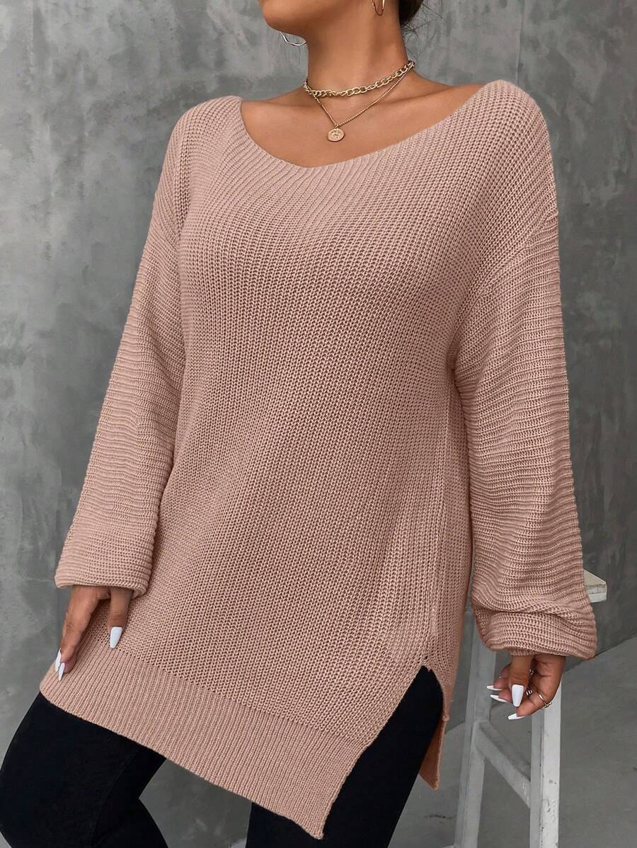 SHEIN LUNE Plus Size Jednokolorowy sweter z rozcięciem z boku, swobodny na jesień/zimę