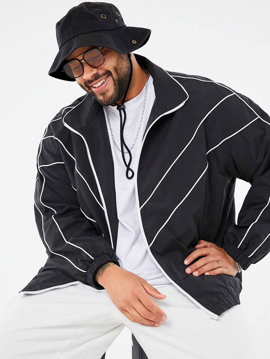 Manfinity NXTstreet Plus Size Men Woven Long Sleeve Jacket, Going Out Zipper Fashion Black Jacket, For Friends, Husband, Boyfriend Gifts