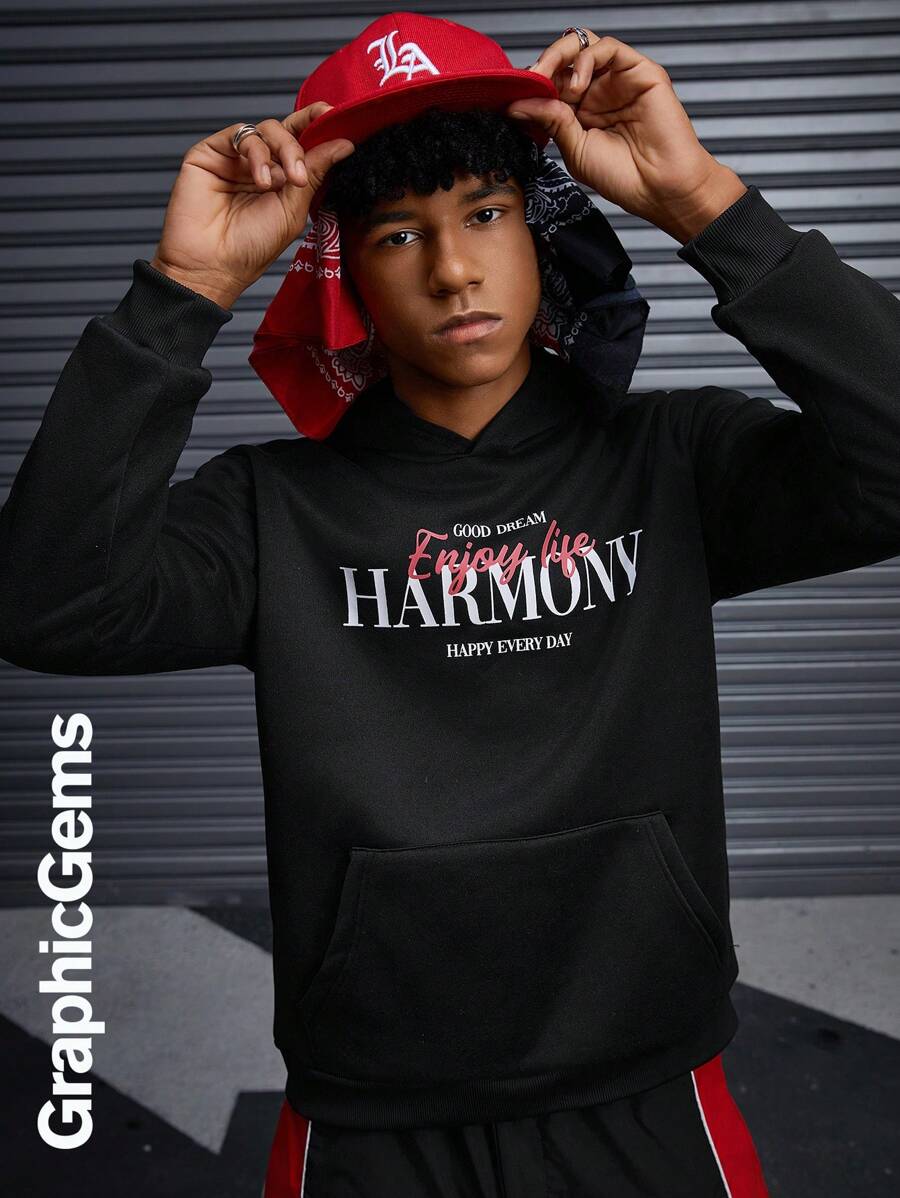 Sudadera con capucha de manga larga casual con estampado de letras para adolescentes varones