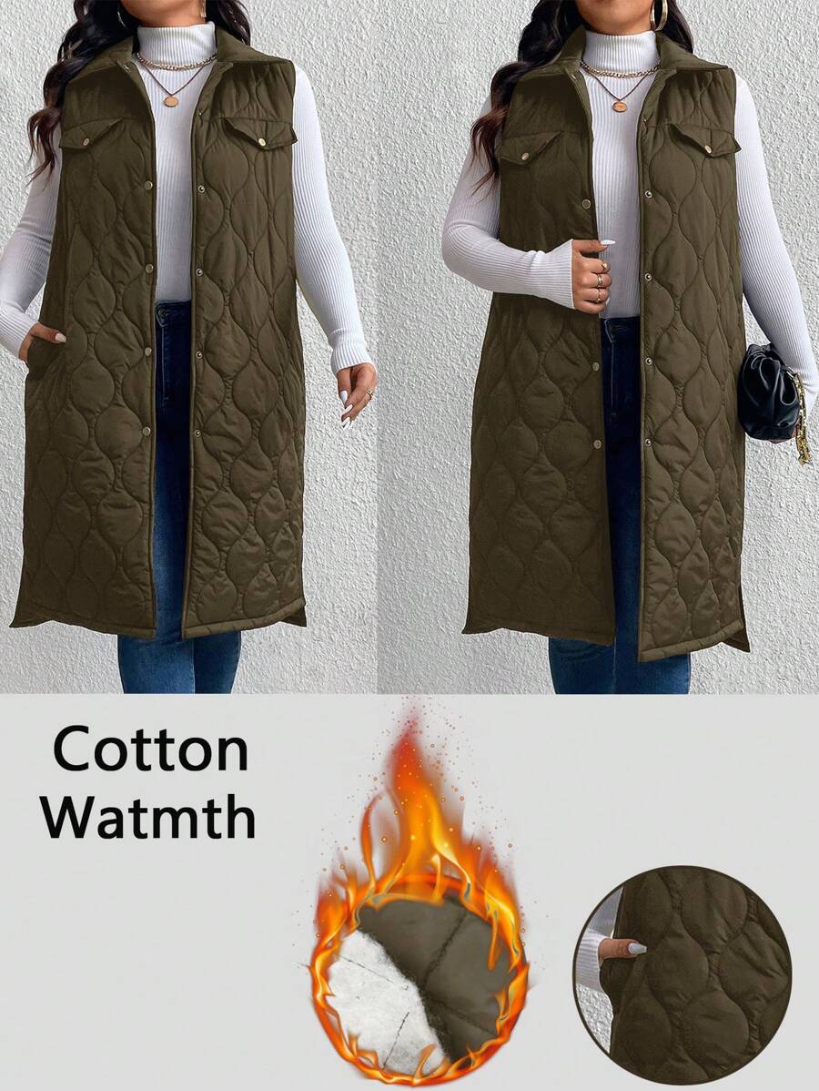 SHEIN LUNE Plus Size Women Single Breasted Long Padded Padded Vest Jacket, Solid Color, For Winter New Years Women Outfit Winter Dresses Winter Clothes Women Rave Outfits Thanksgiving Outfit Women