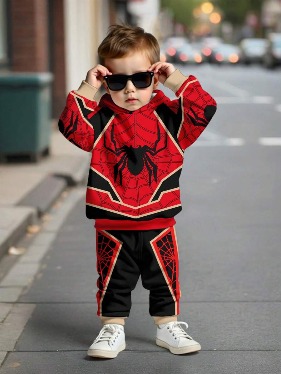SHEIN Baby Boy Casual Minimalist Loose Comfortable Knit Soft -Style Spider Graphic Print Hoodie And Pants Set, Suitable For Autumn/Winter