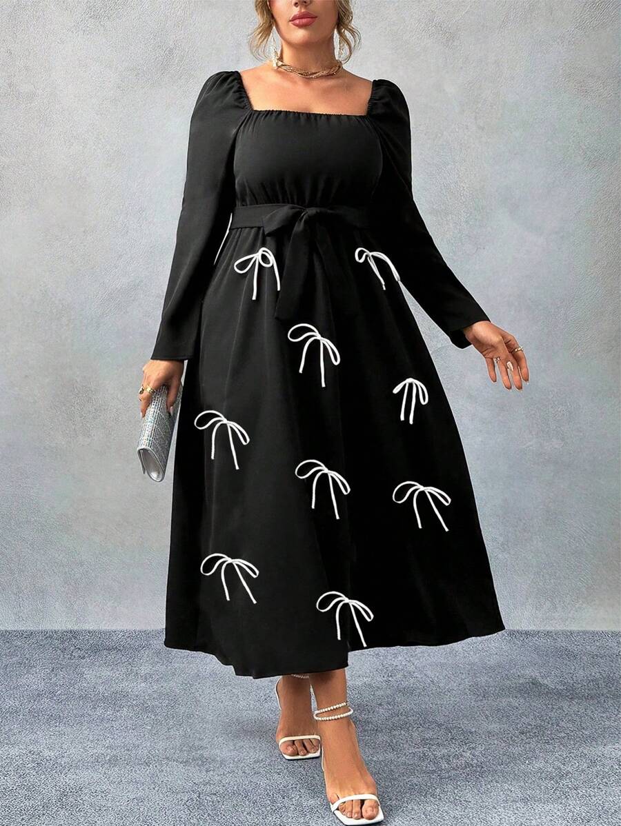 Franclia Plus-size vierkante hals pofmouw strik korte jurk