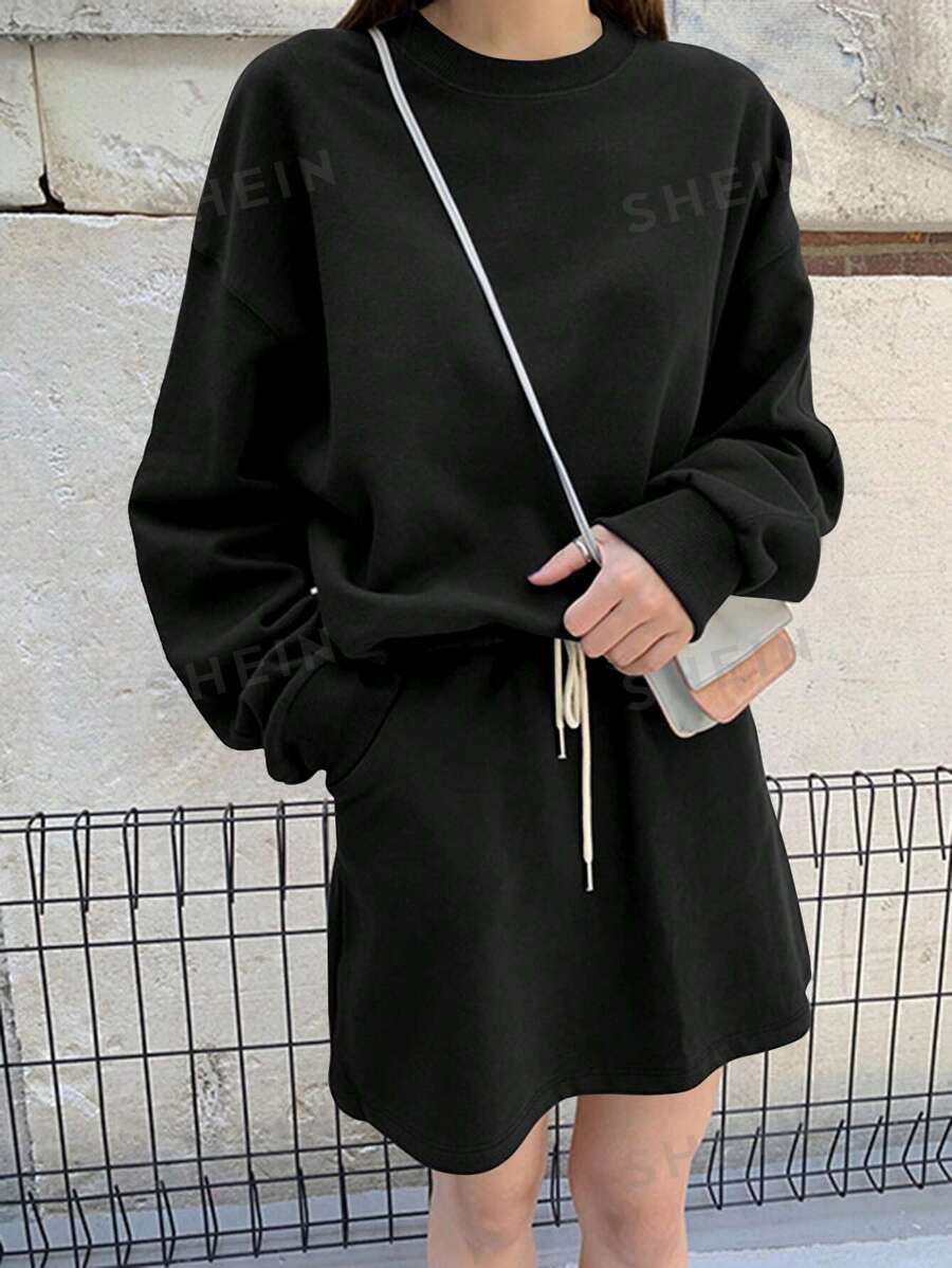 DAZY Set de 2 piezas de mujer compuesto por sudadera holgada de cuello caído y unicolor, y falda, conjunto informal