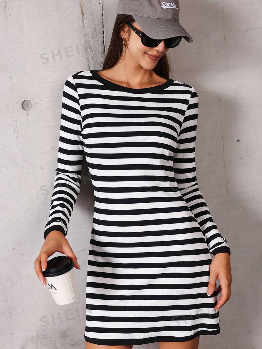 Flirla Vestido mini casual de mujer de manga larga y cuello redondo a rayas, para otoño