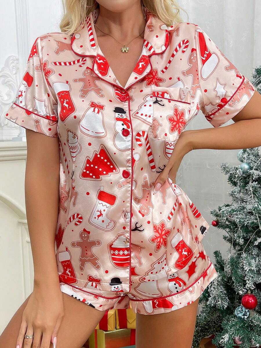 CoupledUp Christmas Elements Printed Imitation Silk Lapel Women Pajama Set