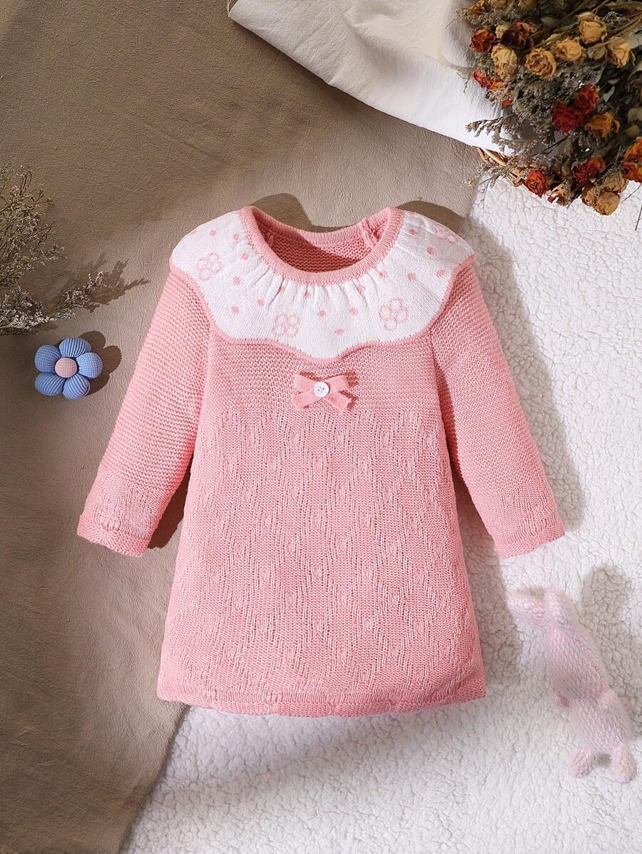 Vintaside Kids Baby Girl Knit Dress With Vintage Style Baby Girl Dress, Design With Patchwork Embroidery Collar
