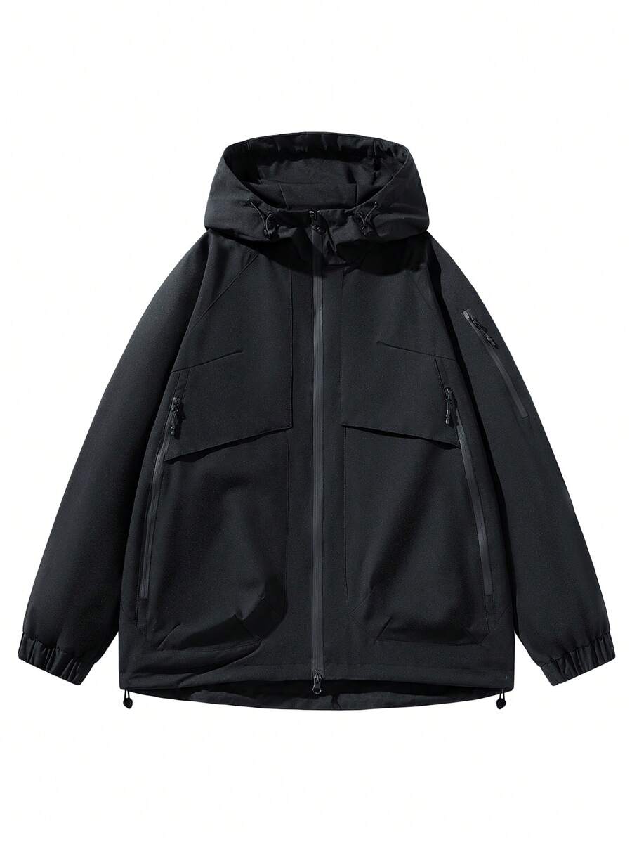 Manfinity Sport Corelite Boyfriend Style Men's Casual Solid Color Drawstring Hooded Sports Jacket, Waterproof Outdoor Long Sleeve Full Zip Up Active Wear Sports Jacket