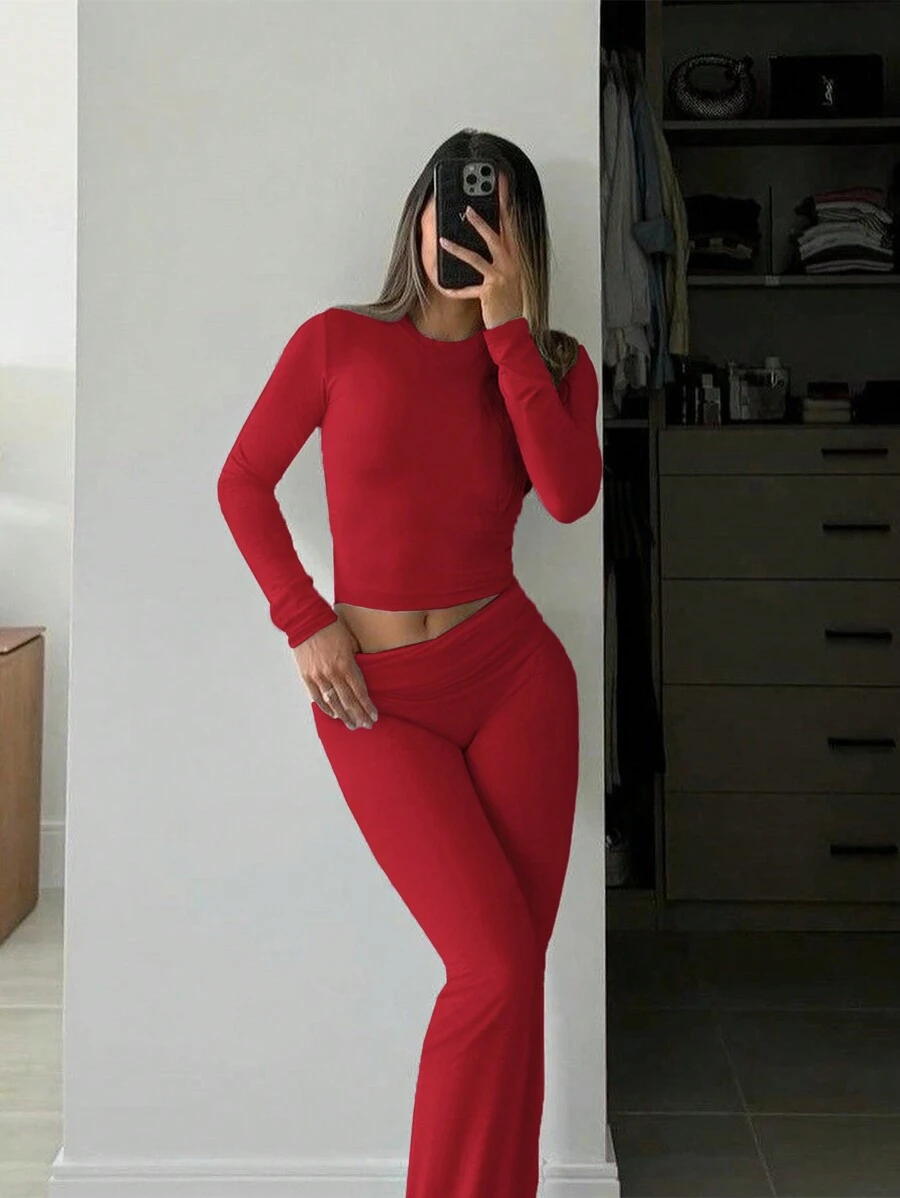 INAWLY Solva 2pcs Women Solid Color Crew Neck Long Sleeve Top And Pants Casual Set