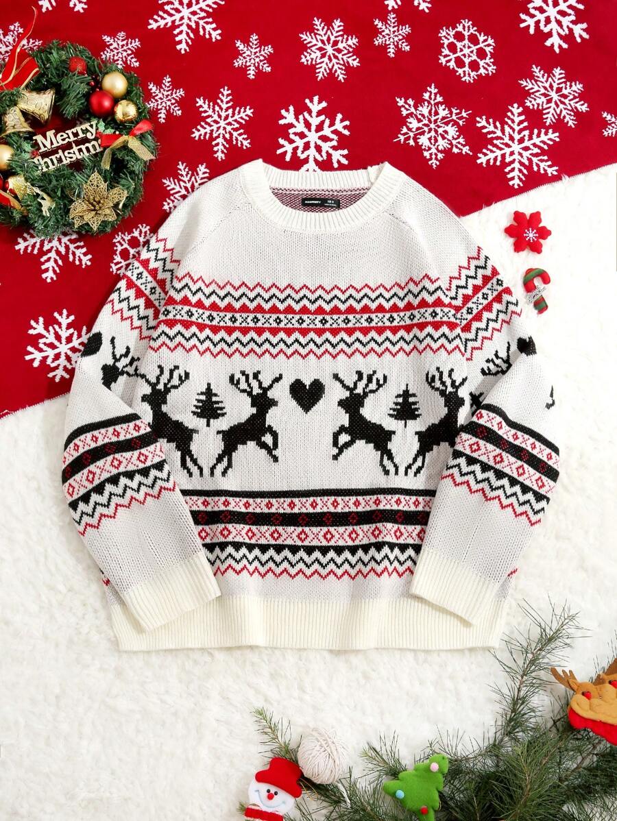 Manfinity VCAY Men Unisex Intarsia Christmas Deer Pattern Funny Loose Fit Crew Neck Pullover Graphic Colorful Long Sleeve Sweater, For Going Out, Couple Matching