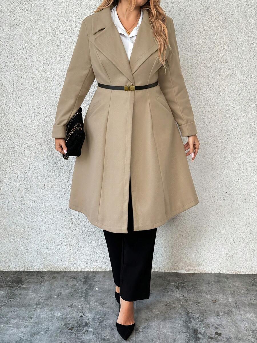 Flirla Plus Size Women's Solid Color Lapel Neck Long Sleeve Casual Coat, Autumn/Winter