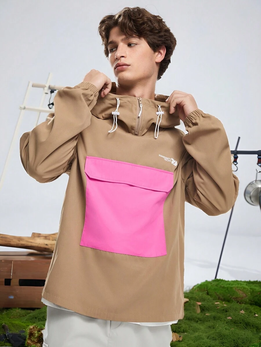 Manfinity VCAY Chaqueta con capucha de manga larga con cuello alto, de patchwork tejido, de uso diario y casual para hombre