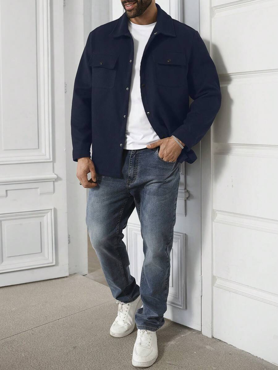 Manfinity Homme Plus Size Men's Solid Color Long Sleeve Single Breasted Utility Pocket Casual Jacket For Autumn/Winter